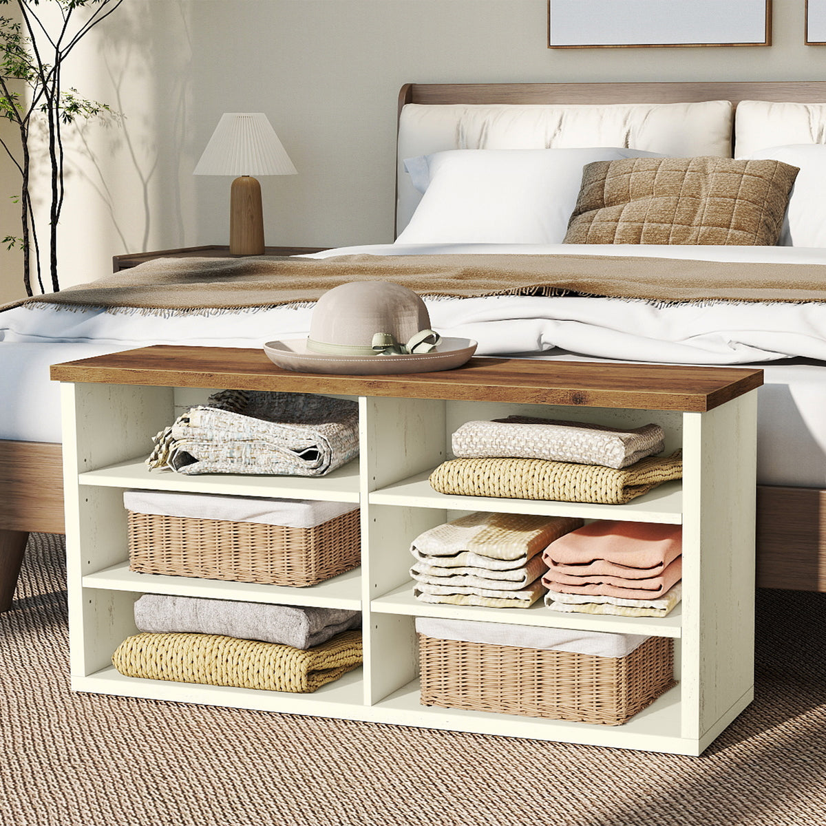 LEDREM Wooden Shoe Storage Bench with 6 Cubbies, Entryway Bench, 39.4 x 11.6 x 19.7 Inches, White and Tan