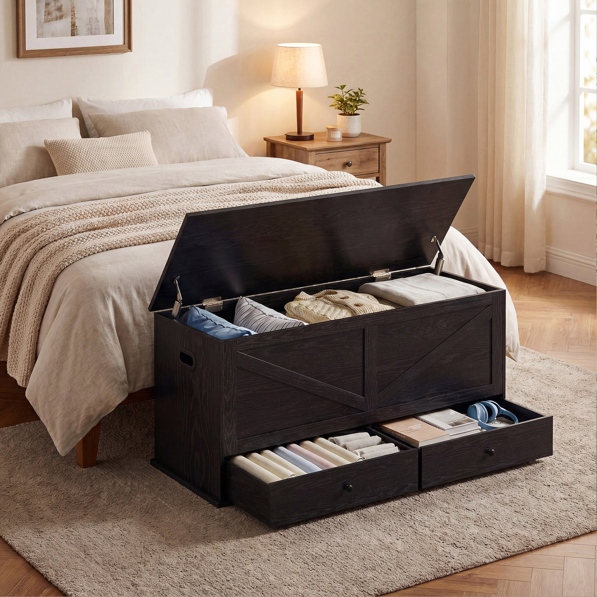 LEDREM Storage Bench, Farmhouse Entryway Bench with 2 Drawers, Wooden Blanket Chest, 39.4 x 15.7 x 19.9 Inches, Black