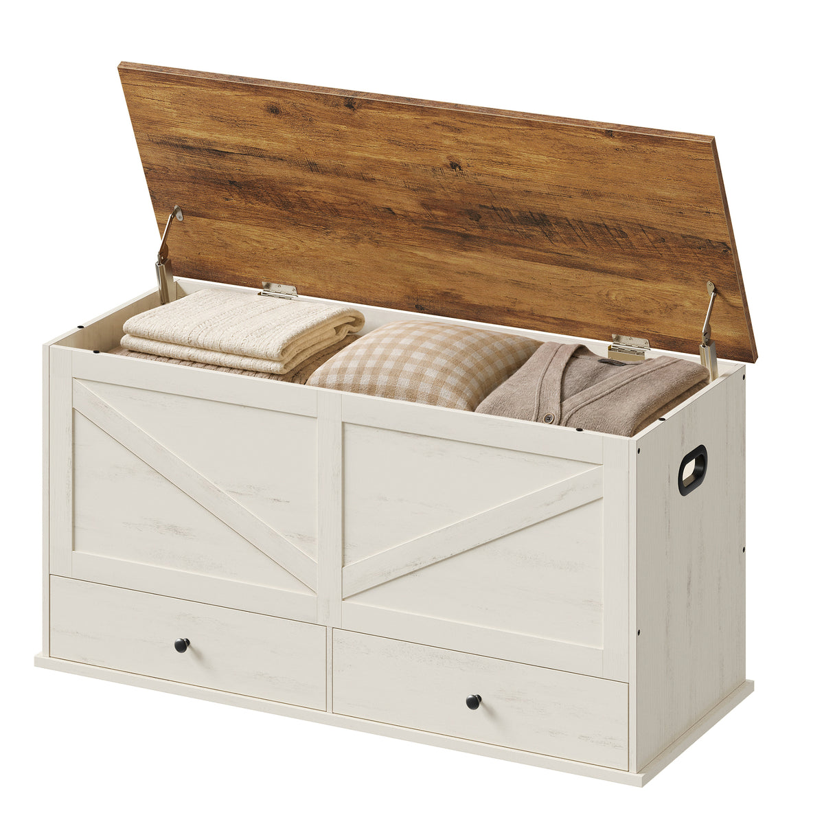 LEDREM Storage Bench, Farmhouse Entryway Bench with 2 Drawers, Wooden Blanket Chest, 39.4 x 15.7 x 19.9 Inches, White and Tan