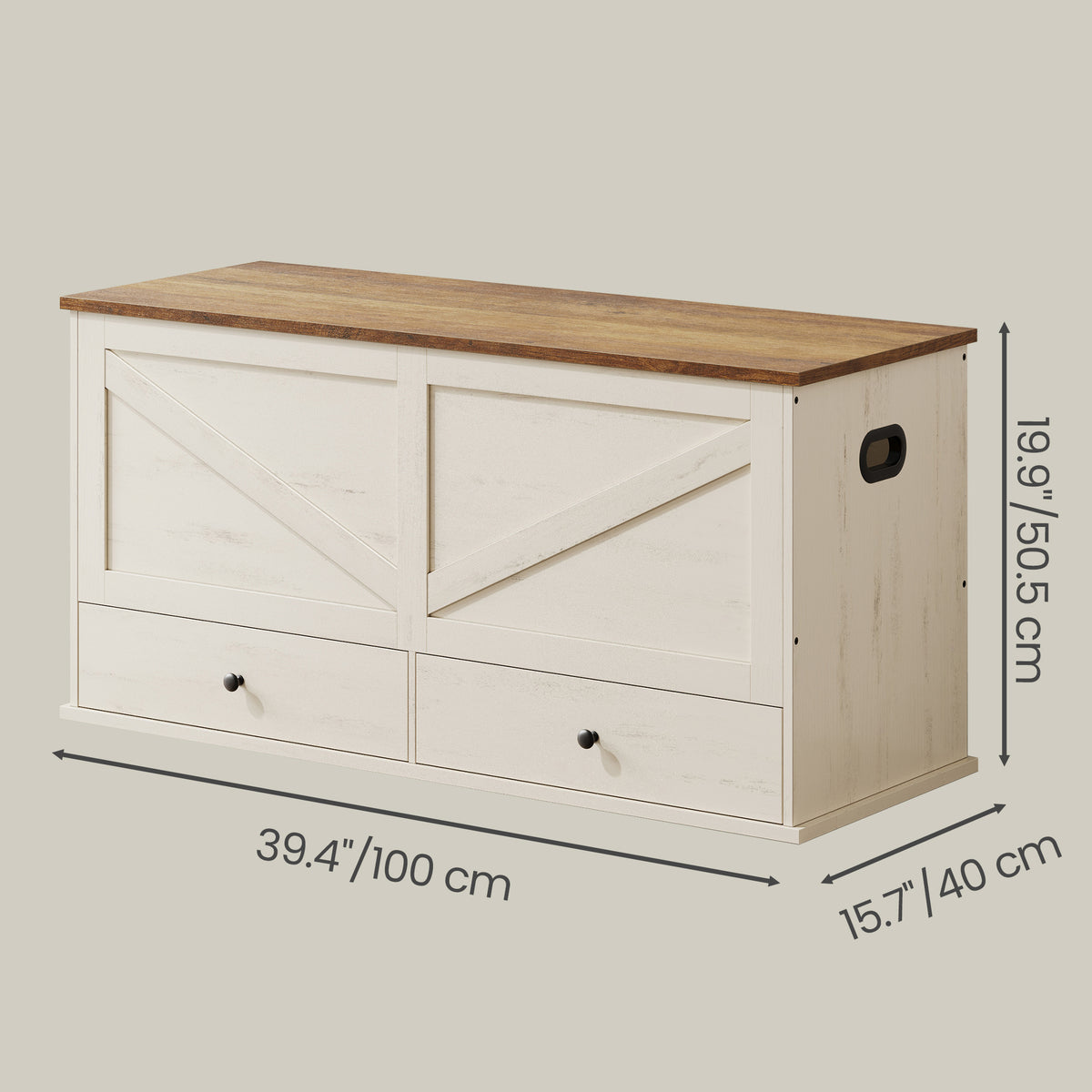 LEDREM Storage Bench, Farmhouse Entryway Bench with 2 Drawers, Wooden Blanket Chest, 39.4 x 15.7 x 19.9 Inches, White and Tan
