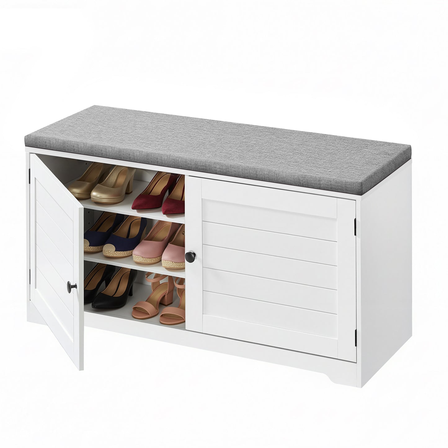 LEDREM 3-Tier Shoe Storage Bench with Cushion, Adjustable Shelves Entryway Bench for Hallway or Bedroom, 39.8-Inch Farmhouse Style, Cloud White and Dove Gray