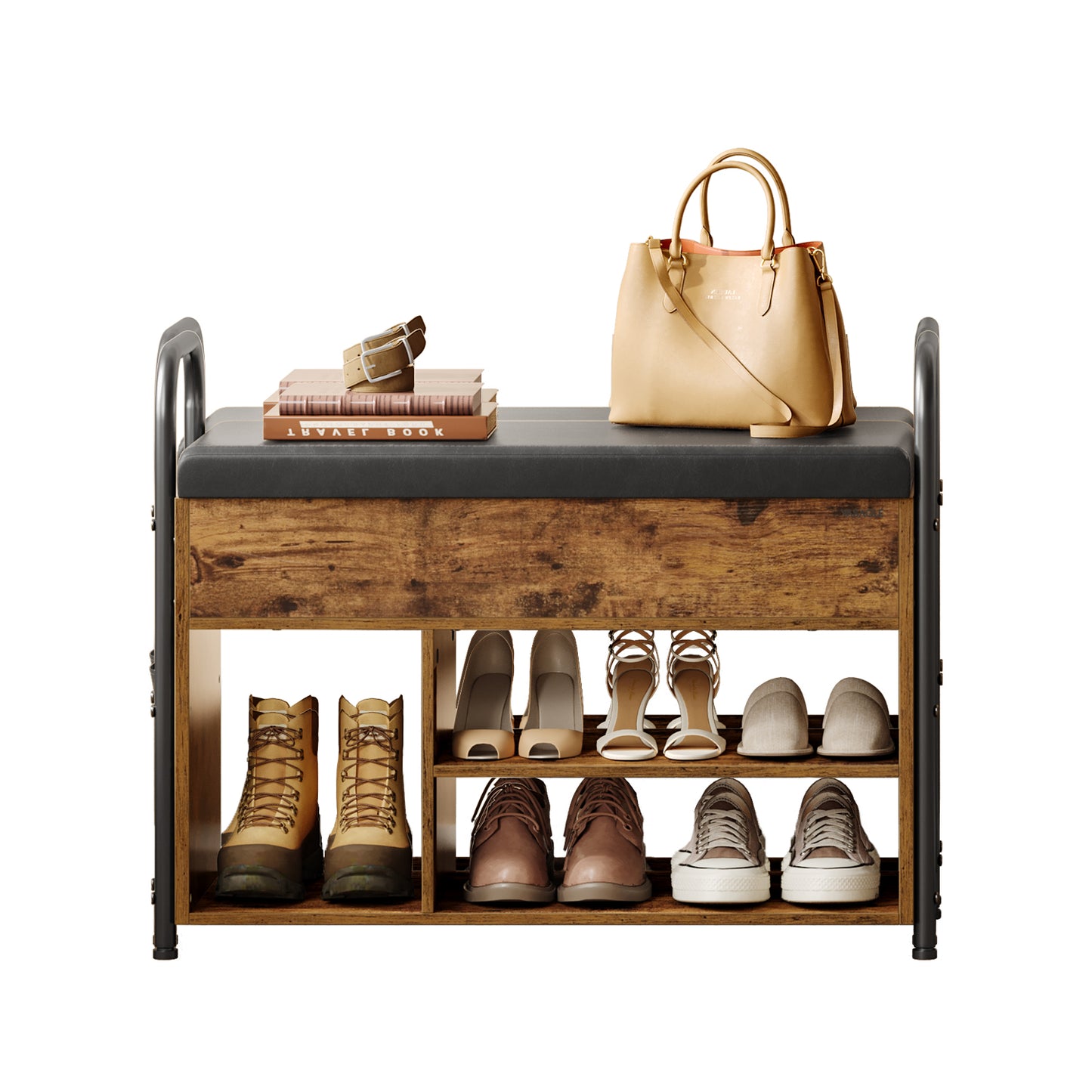 Shoe Storage Bench with Padded Seat, Inner Lid Storage, 3-Tier Shoe Rack, PU Side Pockets, Handles for Easy Moving, Entryway, Rustic Brown and Ink Black