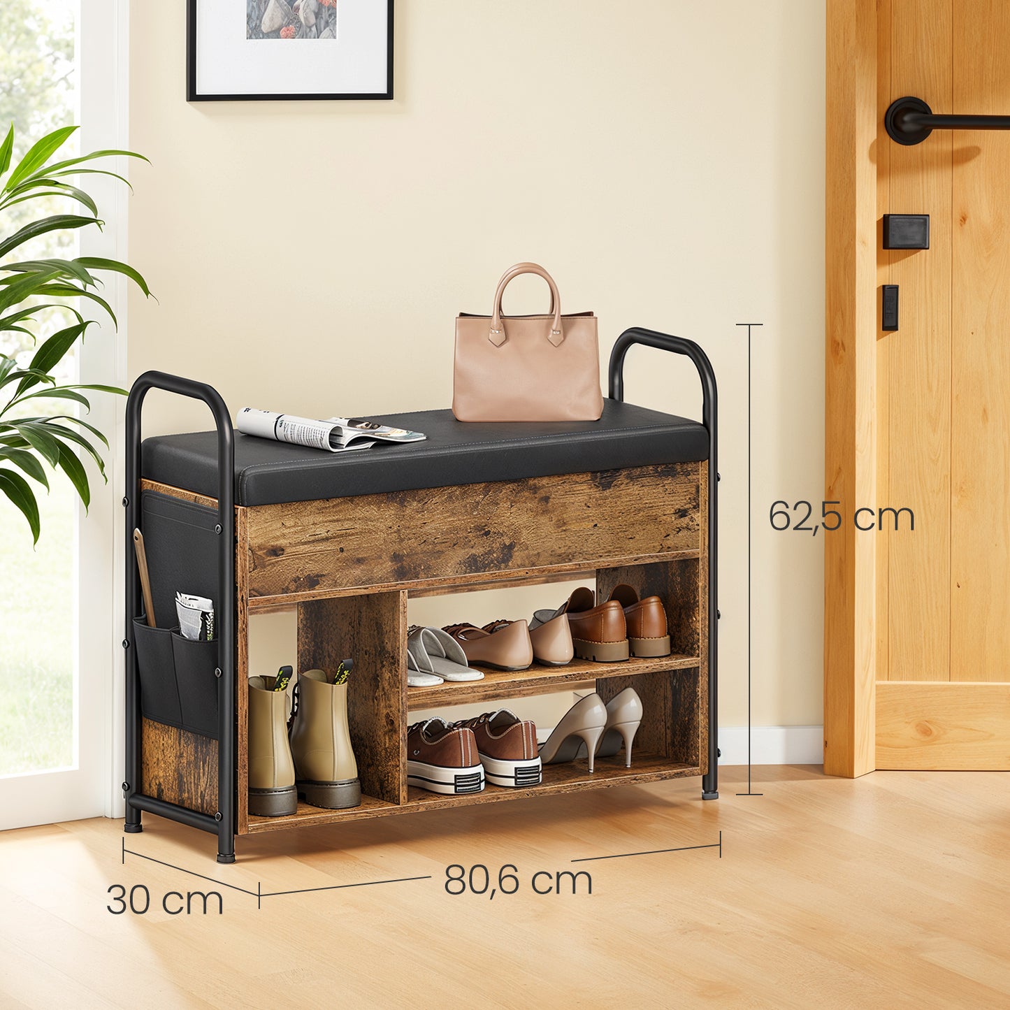 Shoe Storage Bench with Padded Seat, Inner Lid Storage, 3-Tier Shoe Rack, PU Side Pockets, Handles for Easy Moving, Entryway, Rustic Brown and Ink Black