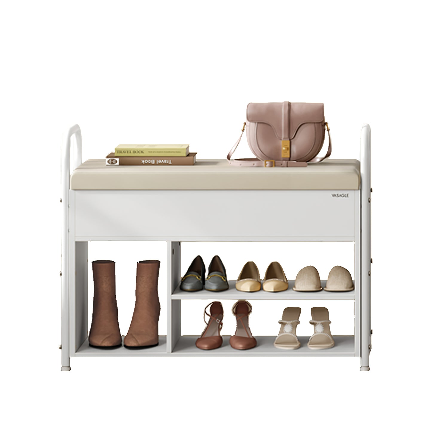 Shoe Bench with Storage, Entryway Shoe Rack with Lid Compartment, PU Side Pockets, Padded Seat, Handles, Cloud White & Cappuccino Beige