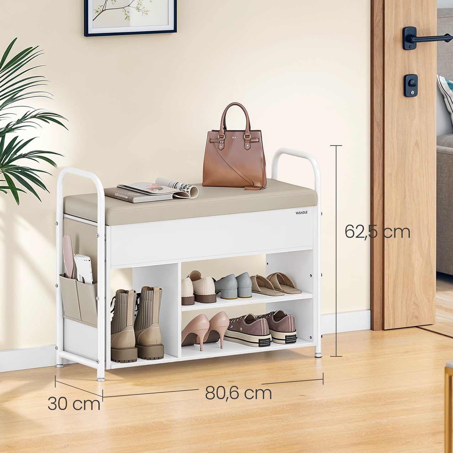 Shoe Bench with Storage, Entryway Shoe Rack with Lid Compartment, PU Side Pockets, Padded Seat, Handles, Cloud White & Cappuccino Beige