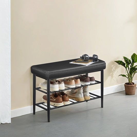 Storage Bench, Award-Winning Mid-Century Modern Shoe Rack, 300lb Capacity, Synthetic Leather Upholstered Entryway Bench with 3 Tiers, Easy Clean，Caramel Brown
