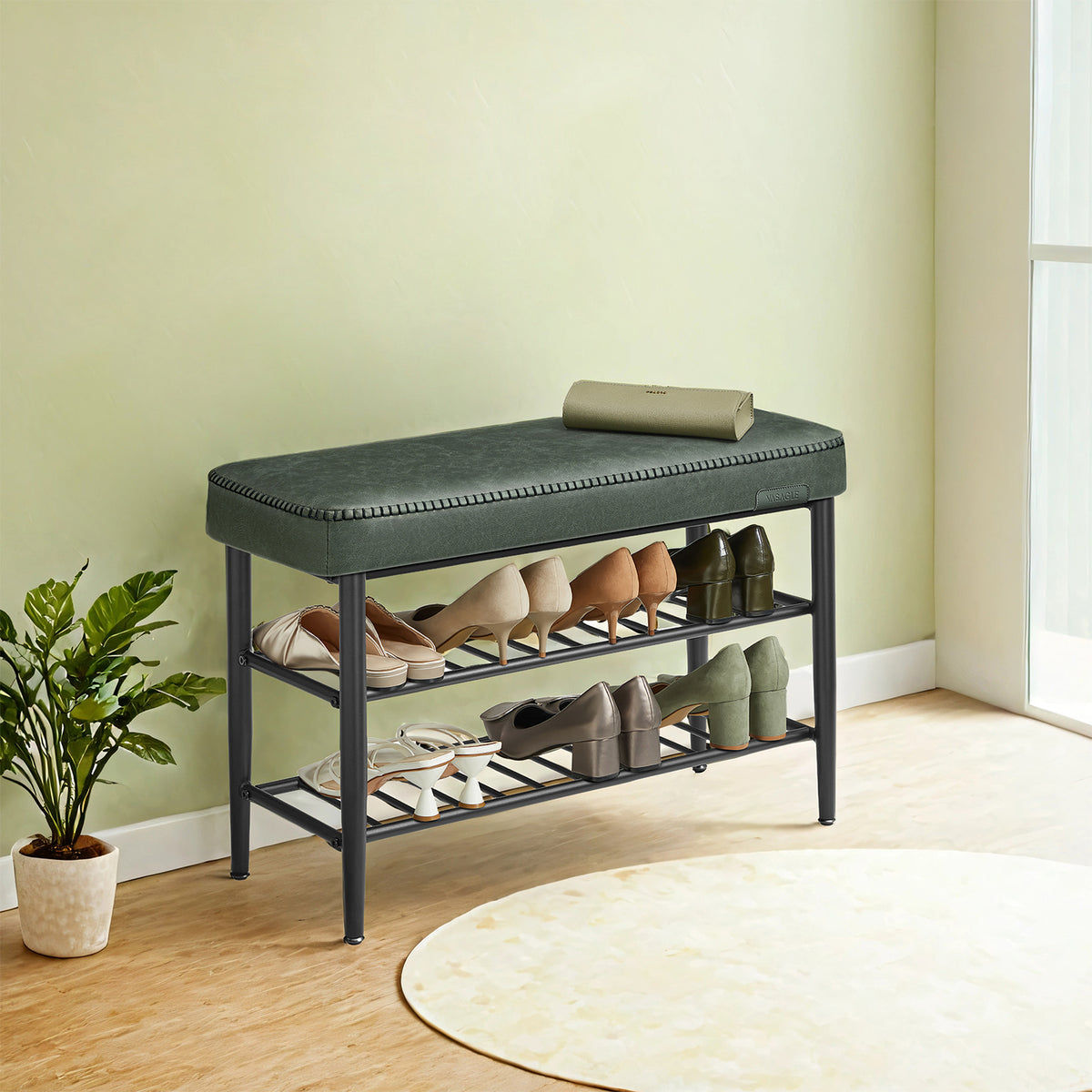 Shoe Rack Storage Bench for Entryway, Steel, Particleboard, Sponge, PU Leather with Stitching, Transitional, Loads 297.6 lb, 31.5 x 11.8 x 19.7 Inches, Green and Black