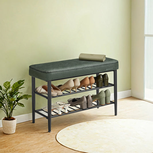 Shoe Rack Storage Bench for Entryway, Steel, Particleboard, Sponge, PU Leather with Stitching, Transitional, Loads 297.6 lb, 31.5 x 11.8 x 19.7 Inches, Green and Black