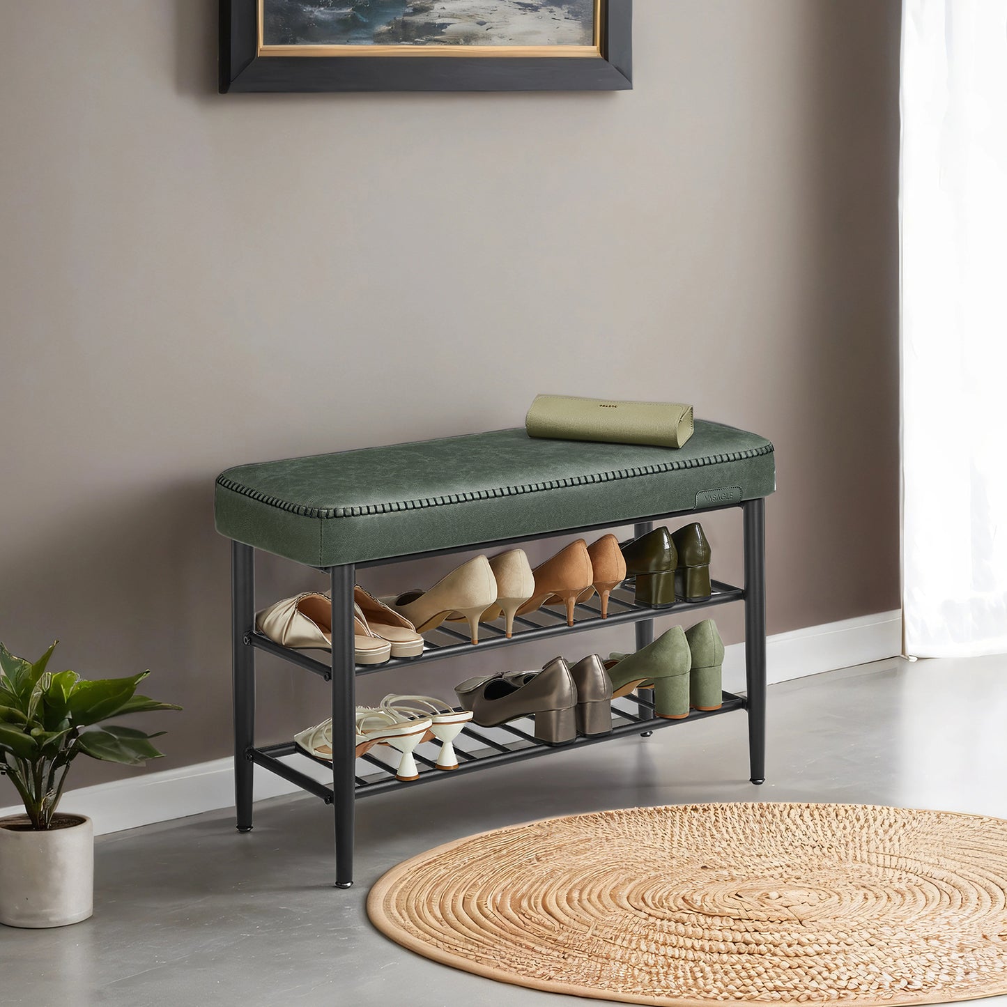 Shoe Rack Storage Bench for Entryway, Steel, Particleboard, Sponge, PU Leather with Stitching, Transitional, Loads 297.6 lb, 31.5 x 11.8 x 19.7 Inches, Green and Black