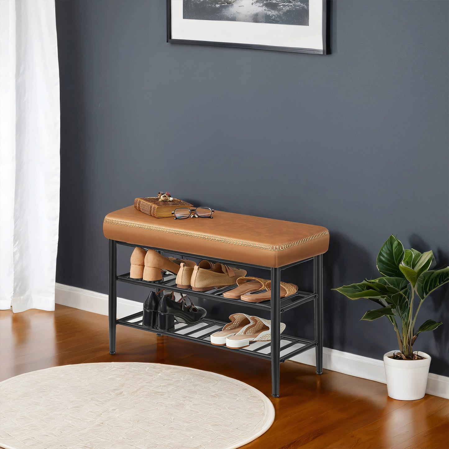 Storage Bench, Award-Winning Mid-Century Modern Shoe Rack, 300lb Capacity, Synthetic Leather Upholstered Entryway Bench with 4 Tiers, Easy Clean，Ink Black