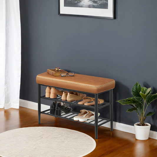 Storage Bench, Award-Winning Mid-Century Modern Shoe Rack, 300lb Capacity, Synthetic Leather Upholstered Entryway Bench with 4 Tiers, Easy Clean，Ink Black