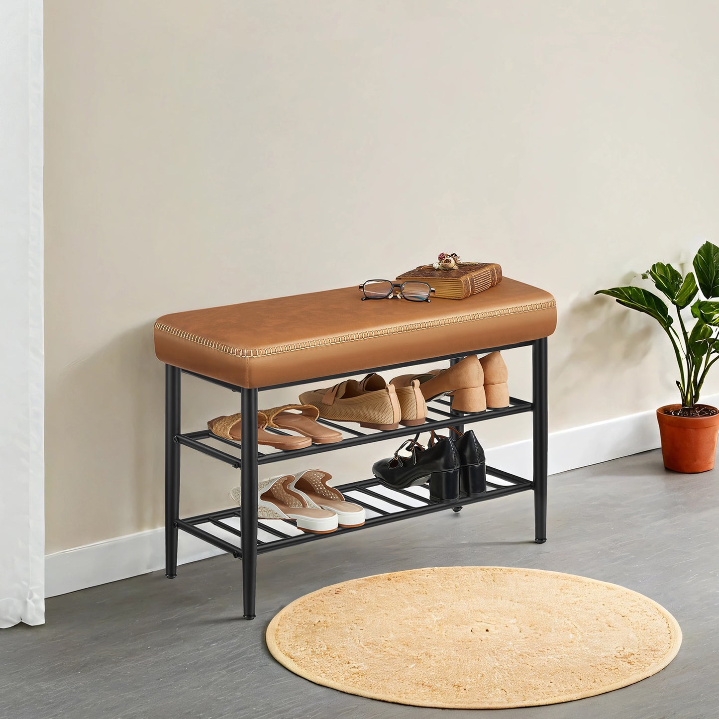 Storage Bench, Award-Winning Mid-Century Modern Shoe Rack, 300lb Capacity, Synthetic Leather Upholstered Entryway Bench with 4 Tiers, Easy Clean，Ink Black