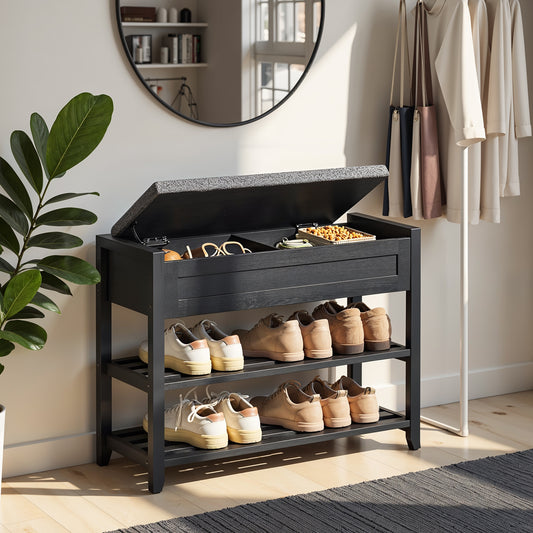 Bamboo Shoe Rack Bench, 31.5" Wide 2-Tier Storage Organizer with Hidden Compartments & Cushion, for Entryway/Bedroom,Ink Black