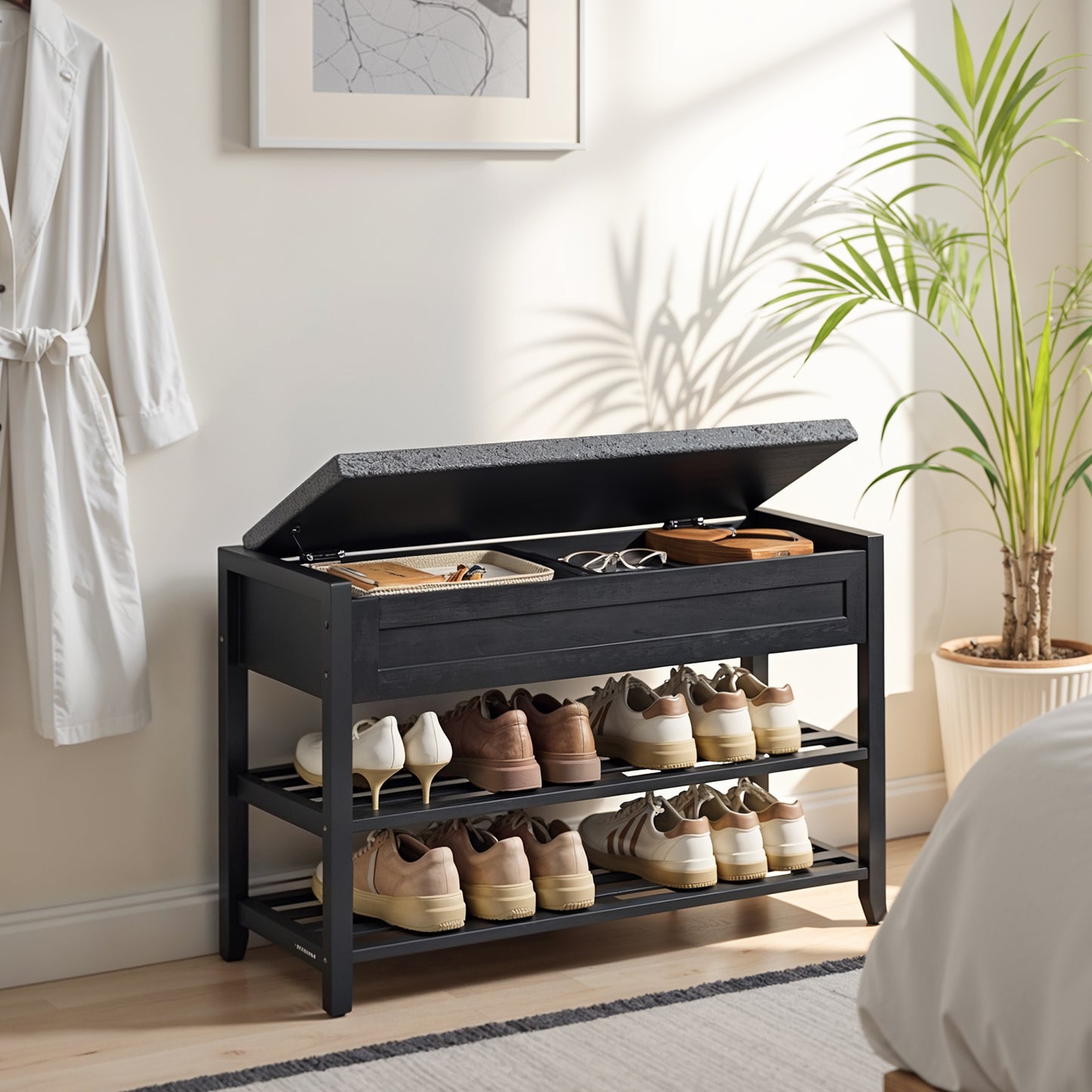 Bamboo Shoe Rack Bench, 31.5" Wide 2-Tier Storage Organizer with Hidden Compartments & Cushion, for Entryway/Bedroom,Ink Black