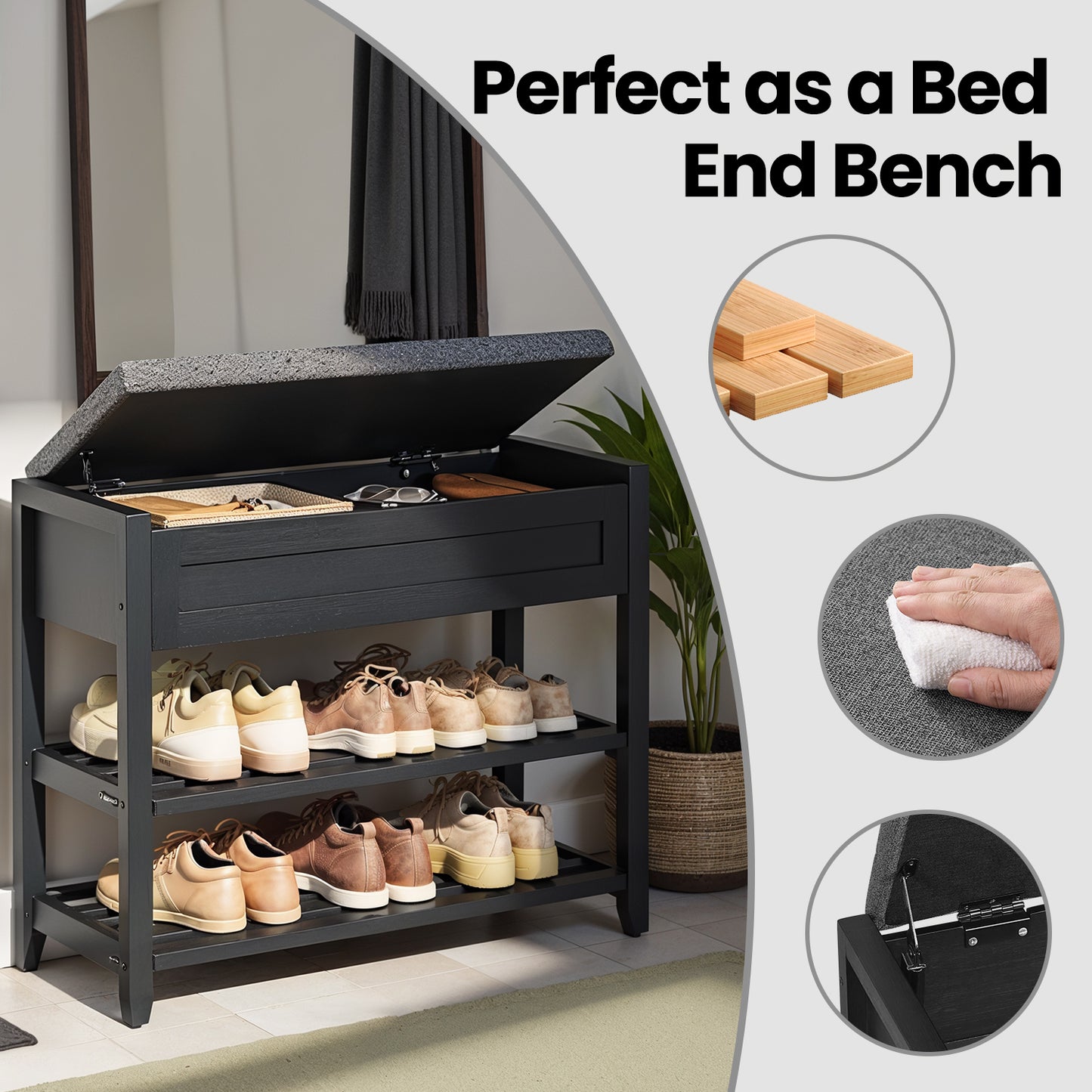 Bamboo Shoe Rack Bench, 31.5" Wide 2-Tier Storage Organizer with Hidden Compartments & Cushion, for Entryway/Bedroom,Ink Black