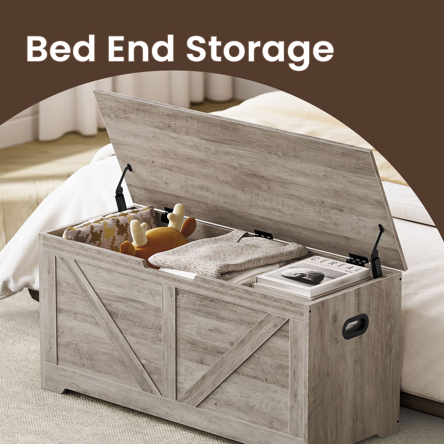 Farmhouse Storage Bench with 2 Safety Hinges, 39.4" Wide Storage Trunk for Entryway, Bedroom, and Living Room，Heather Greige