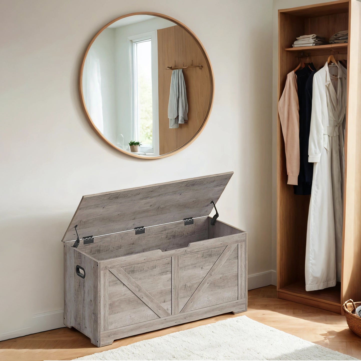 Farmhouse Storage Bench with 2 Safety Hinges, 39.4" Wide Storage Trunk for Entryway, Bedroom, and Living Room，Heather Greige