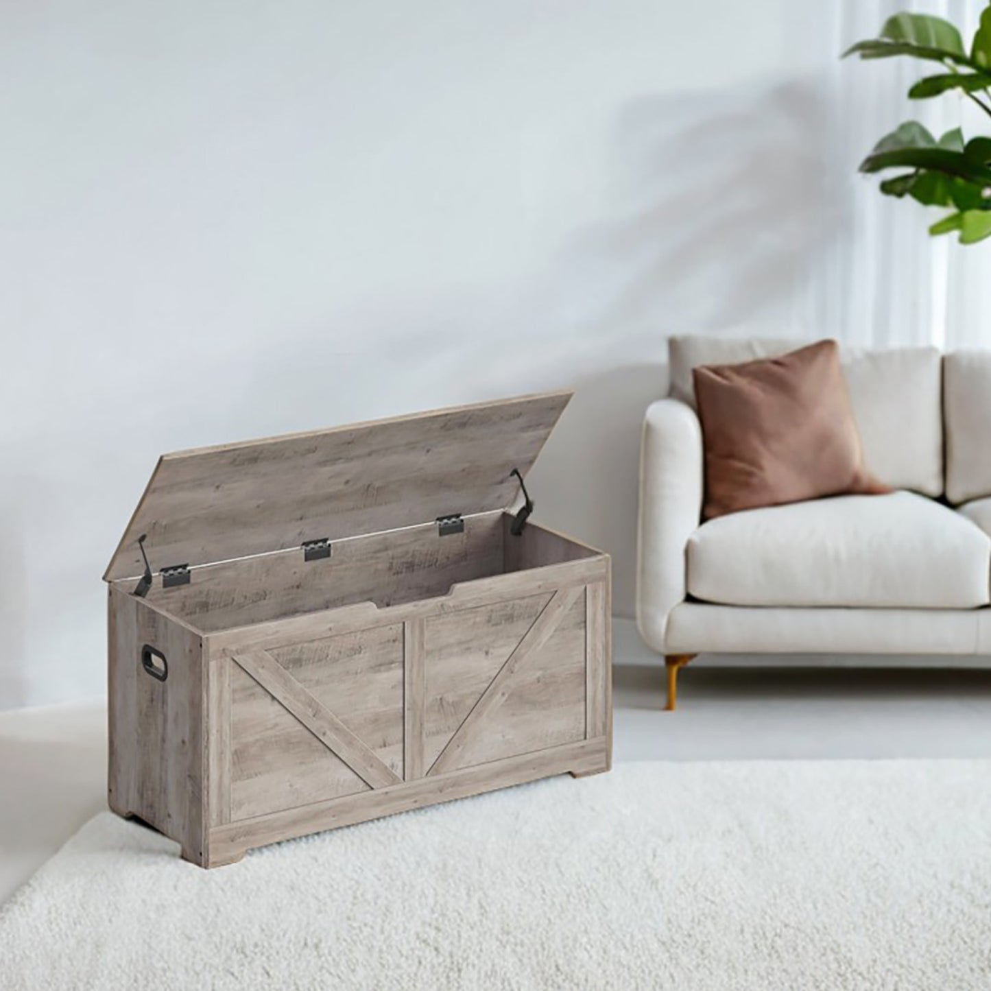 Farmhouse Storage Bench with 2 Safety Hinges, 39.4" Wide Storage Trunk for Entryway, Bedroom, and Living Room，Heather Greige