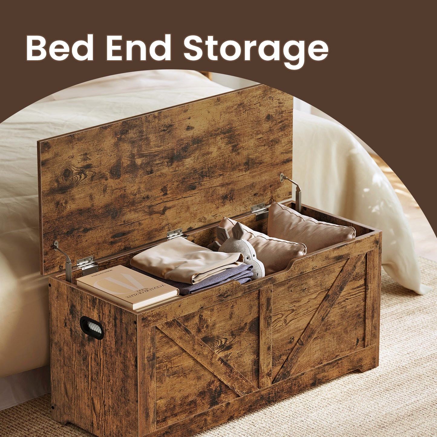 Farmhouse Storage Bench with 2 Safety Hinges, 39.4" Wide Storage Trunk for Entryway, Bedroom,Living Room, Rustic Brown