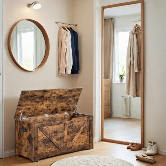 Farmhouse Storage Bench with 2 Safety Hinges, 39.4" Wide Storage Trunk for Entryway, Bedroom,Living Room, Rustic Brown