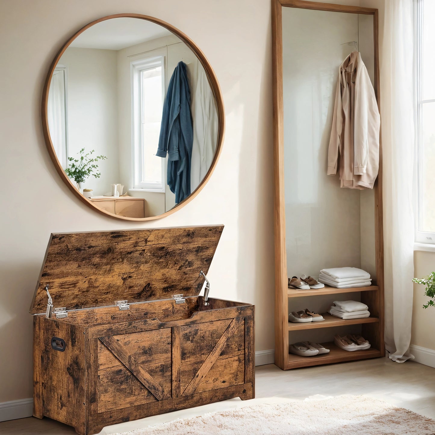 Farmhouse Storage Bench with 2 Safety Hinges, 39.4" Wide Storage Trunk for Entryway, Bedroom,Living Room, Rustic Brown