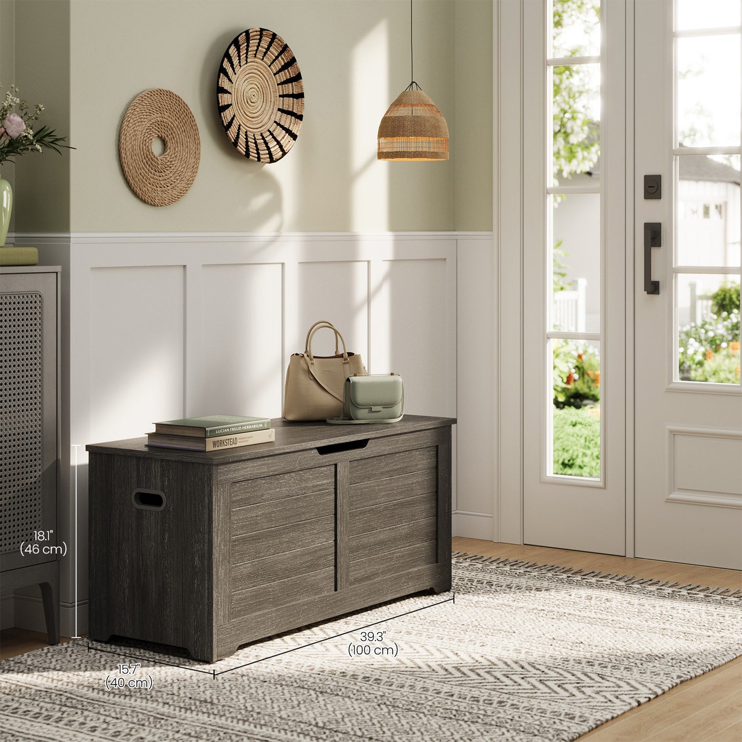 Farmhouse Style Storage Bench with 2 Safety Hinges, 300lb Weight Capacity, Entryway, Living Room Organizer, Spacious 15.7"x39.4"x18.1", Charcoal Gray