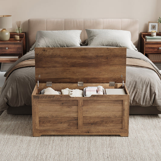 Farmhouse Storage Bench - 39.4" Wide Chest with Safety Hinges, 300lb Capacity, Entryway, Bedroom Organizer, Honey Brown