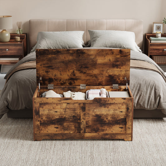 Farmhouse Style Storage Bench with 2 Safety Hinges, 300lb Capacity, Entryway, Bedroom, Living Room Organizer, Rustic Brown