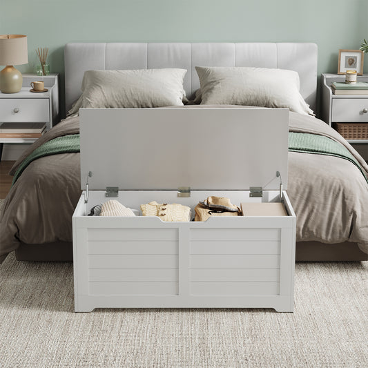 Farmhouse Storage Bench with Safety Hinges, 300lb Weight Capacity, Entryway Organizer, Easy Assembly, Cloud White