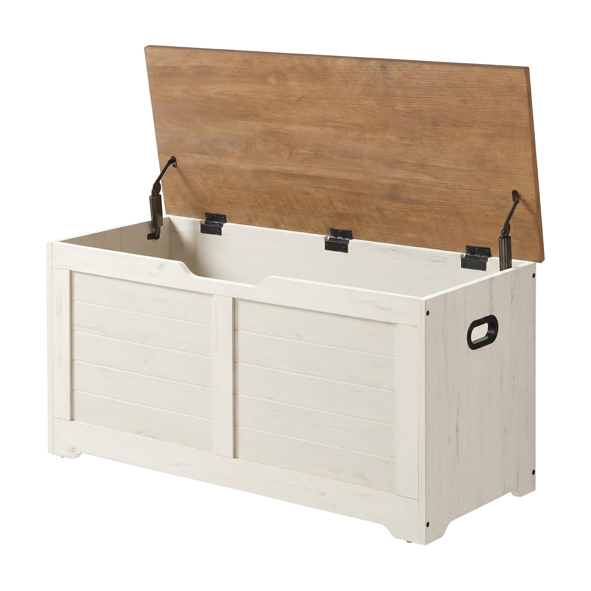 LEDREM Storage Chest, Storage Bench with 2 Safety Hinges, Farmhouse Style, for Entryway, Bedroom, Living Room, White and Tan