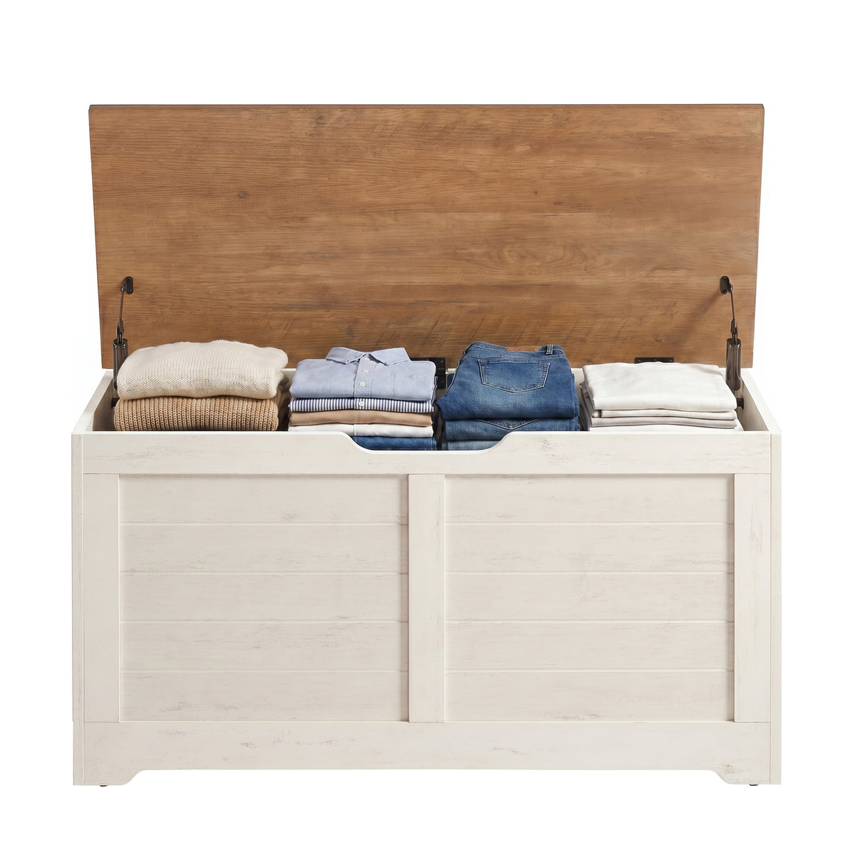 LEDREM Storage Chest, Storage Bench with 2 Safety Hinges, Farmhouse Style, for Entryway, Bedroom, Living Room, White and Tan