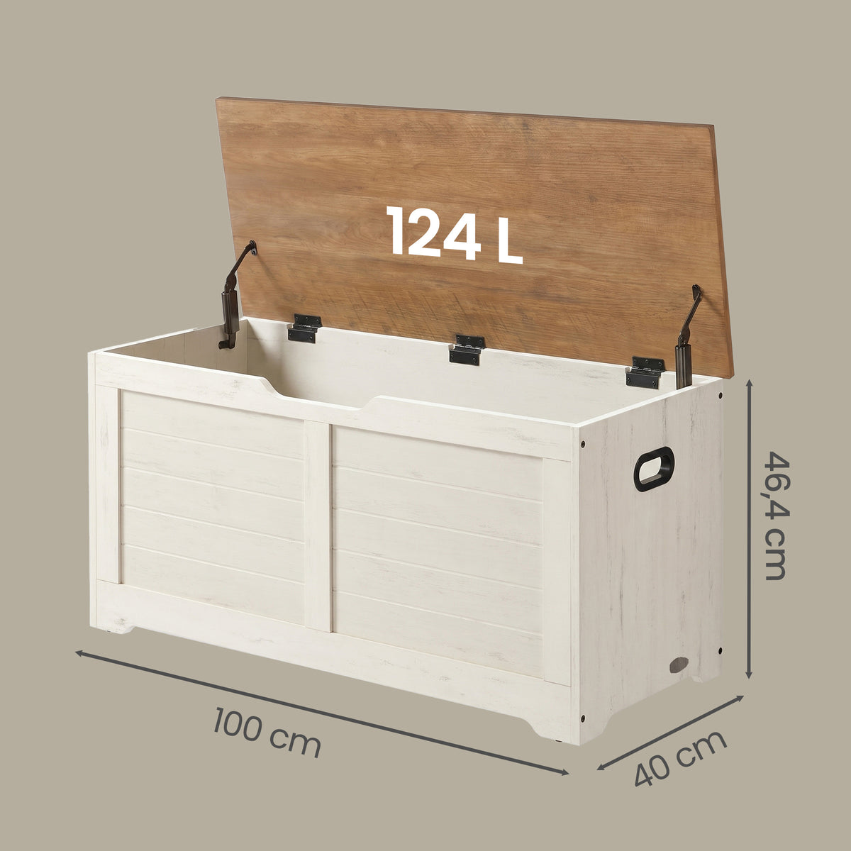 LEDREM Storage Chest, Storage Bench with 2 Safety Hinges, Farmhouse Style, for Entryway, Bedroom, Living Room, White and Tan