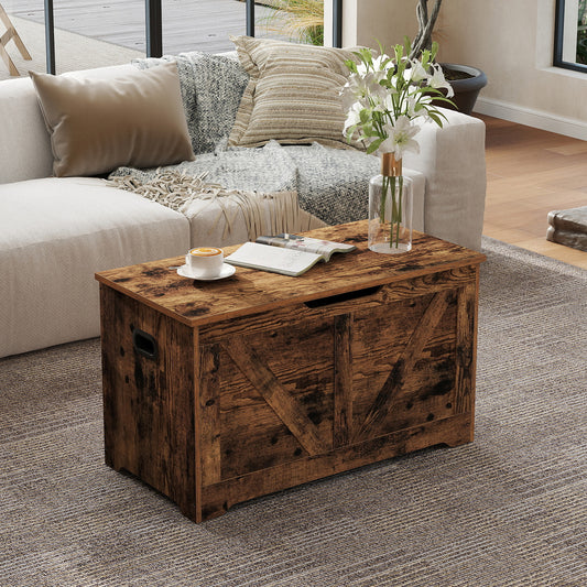Farmhouse Storage Bench with Safety Hinges, Multi-Functional Entryway Shoe Bench, Storage Trunk, Rustic Brown