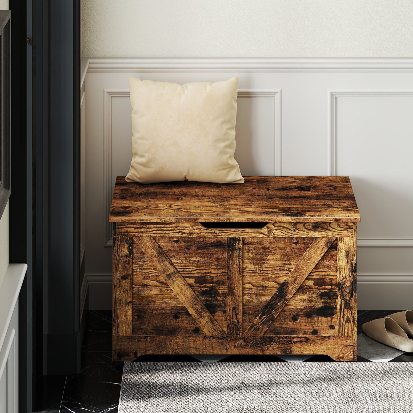 Farmhouse Storage Bench with Safety Hinges, Multi-Functional Entryway Shoe Bench, Storage Trunk, Rustic Brown