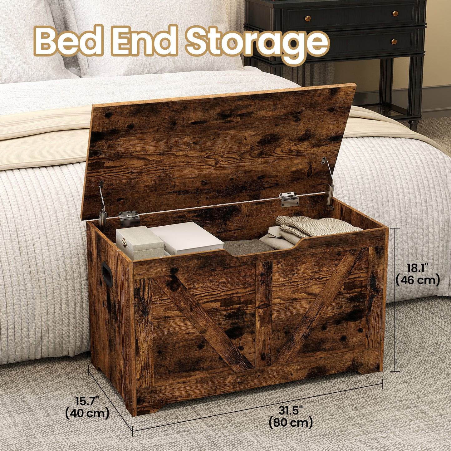 Farmhouse Storage Bench with Safety Hinges, Multi-Functional Entryway Shoe Bench, Storage Trunk, Rustic Brown