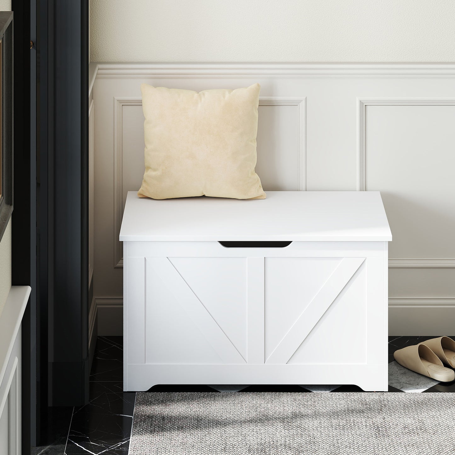 Farmhouse Storage Bench with Safety Hinges, 300lb Capacity, Entryway Shoe Organizer, Easy Assembly, Cloud White