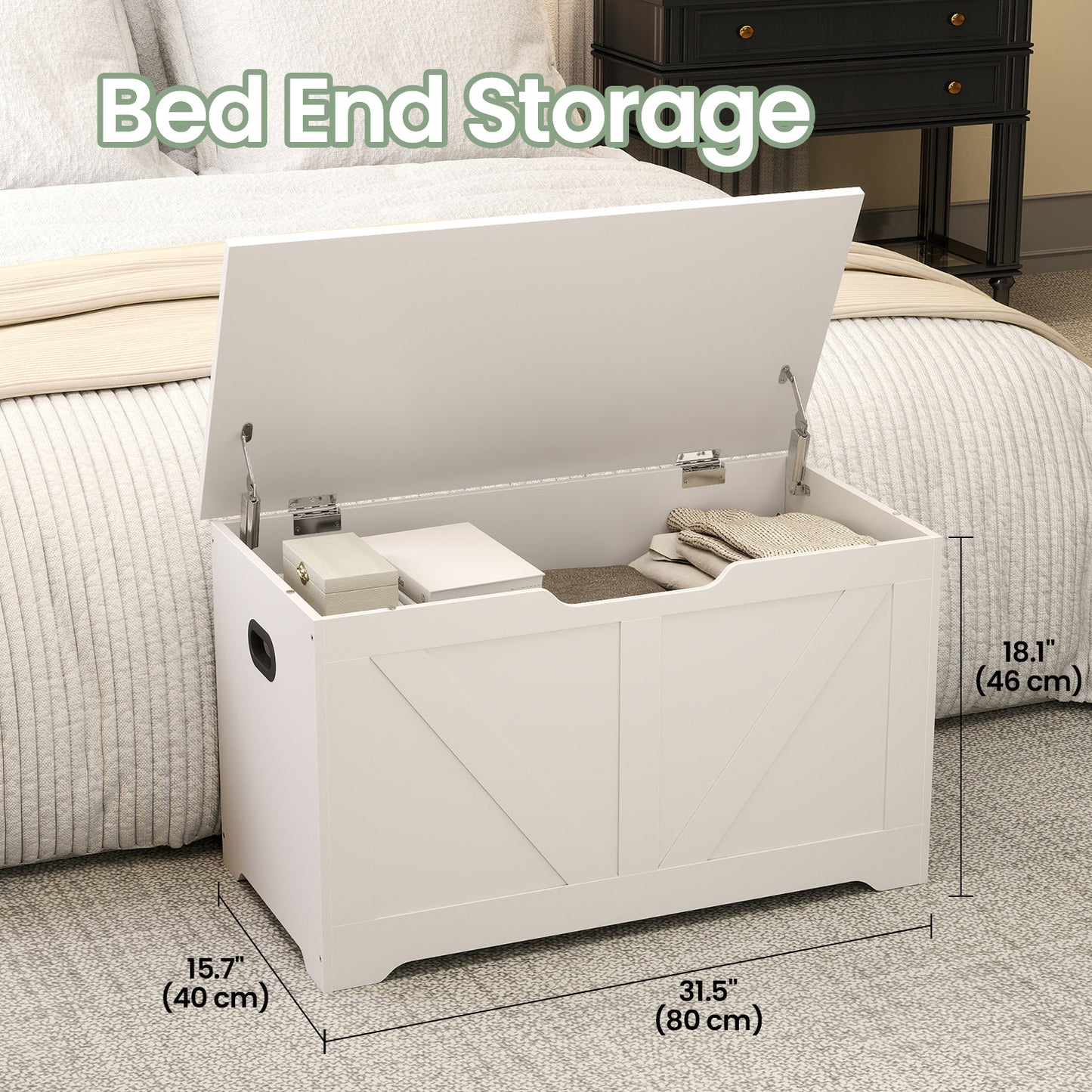 Farmhouse Storage Bench with Safety Hinges, 300lb Capacity, Entryway Shoe Organizer, Easy Assembly, Cloud White