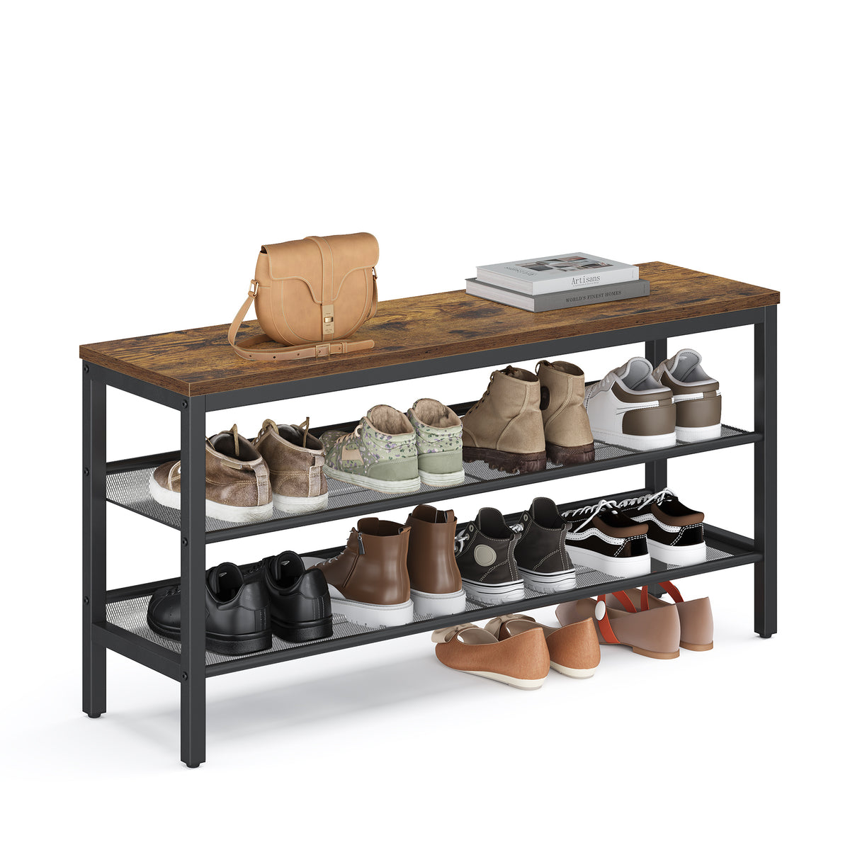 LEDREM Shoe Storage Bench, 3-Tier Shoe Rack for Entryway, 39.4 x 11 x 19.7 Inches, Tan and Black