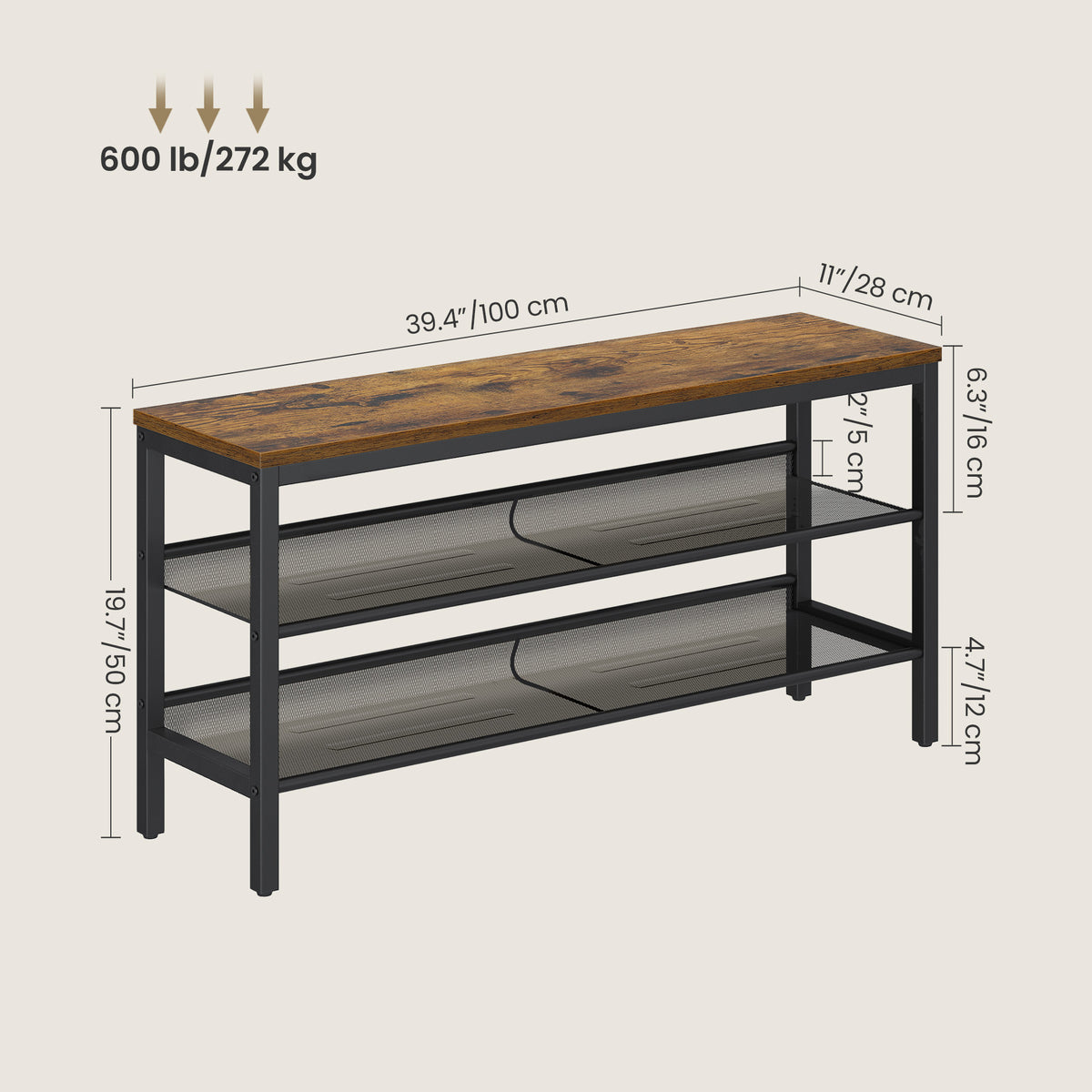 LEDREM Shoe Storage Bench, 3-Tier Shoe Rack for Entryway, 39.4 x 11 x 19.7 Inches, Tan and Black