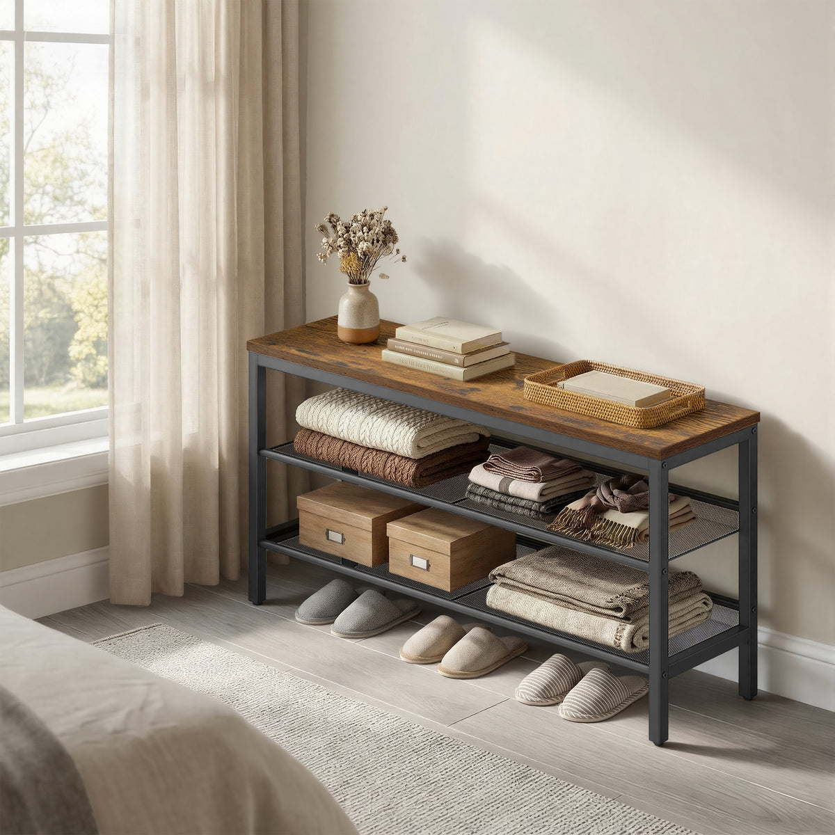 LEDREM Shoe Storage Bench, 3-Tier Shoe Rack for Entryway, 39.4 x 11 x 19.7 Inches, Tan and Black