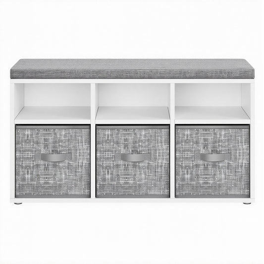 Shoe Storage Bench with Cushion, 6-Compartment Entryway Bench with 3 Adjustable Shelves and 3 Storage Boxes, Cloud White