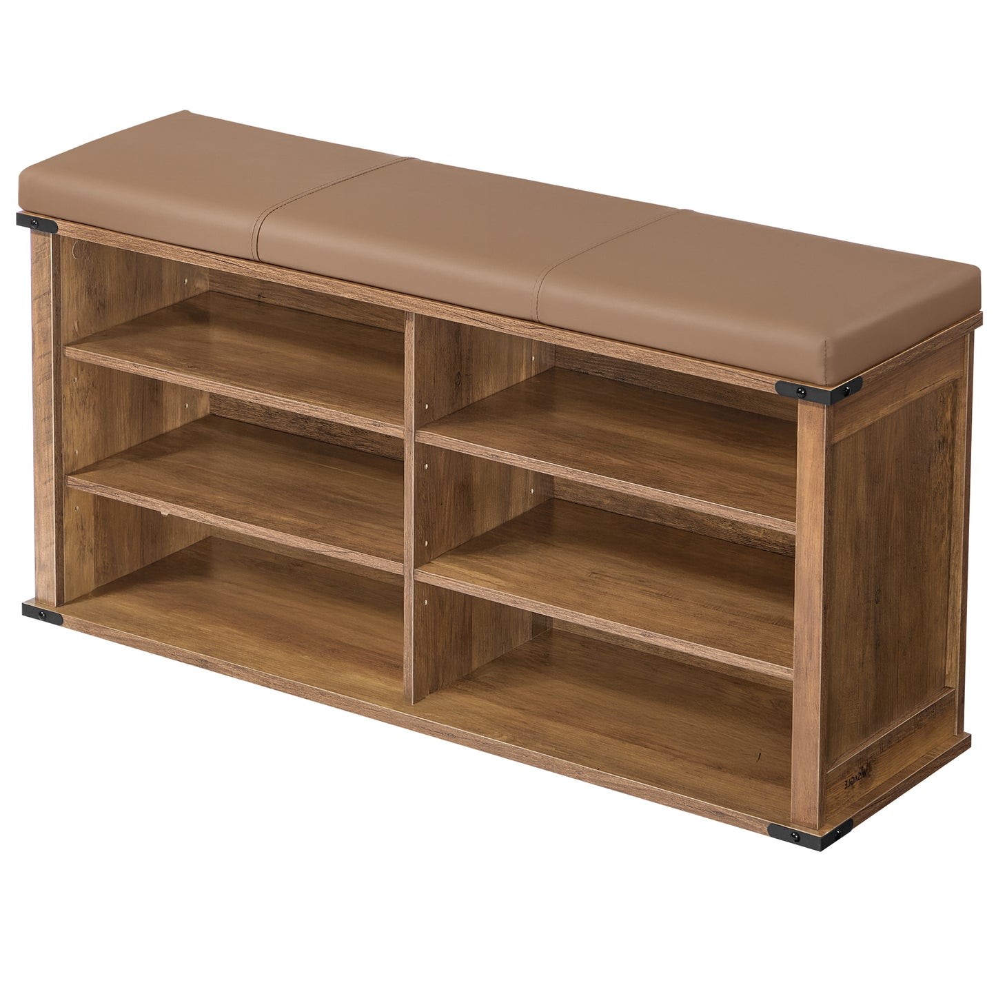 Shoe Storage Bench with Removable Cushion, Entryway Bench with Padded Seat, 6 Open Compartments, Adjustable Shelves, Honey Brown