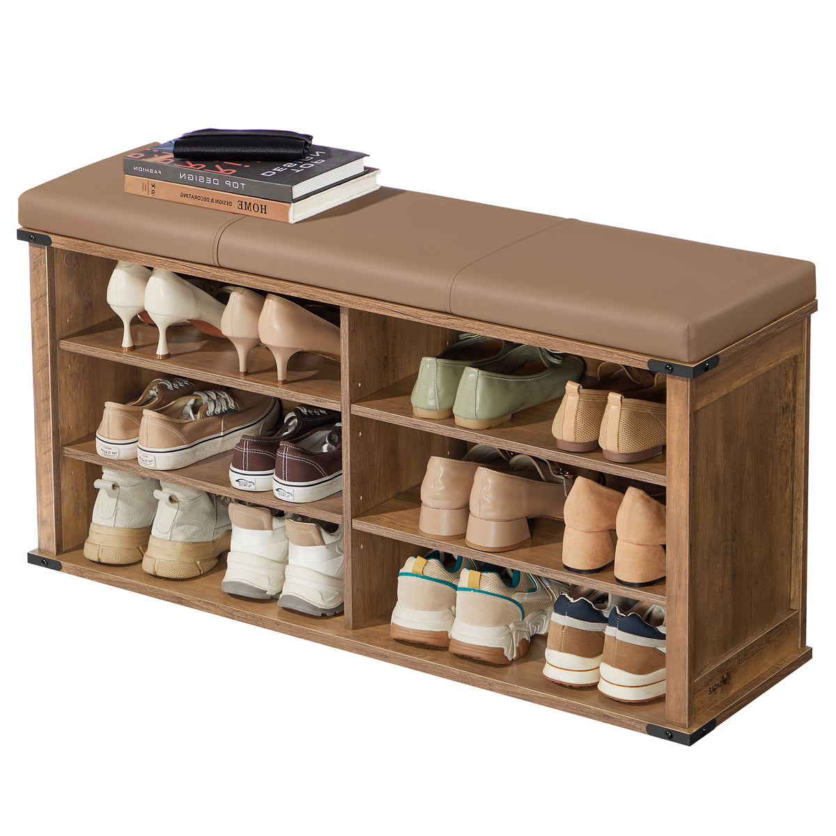 Shoe Storage Bench with Removable Cushion, Entryway Bench with Padded Seat, 6 Open Compartments, Adjustable Shelves, Honey Brown