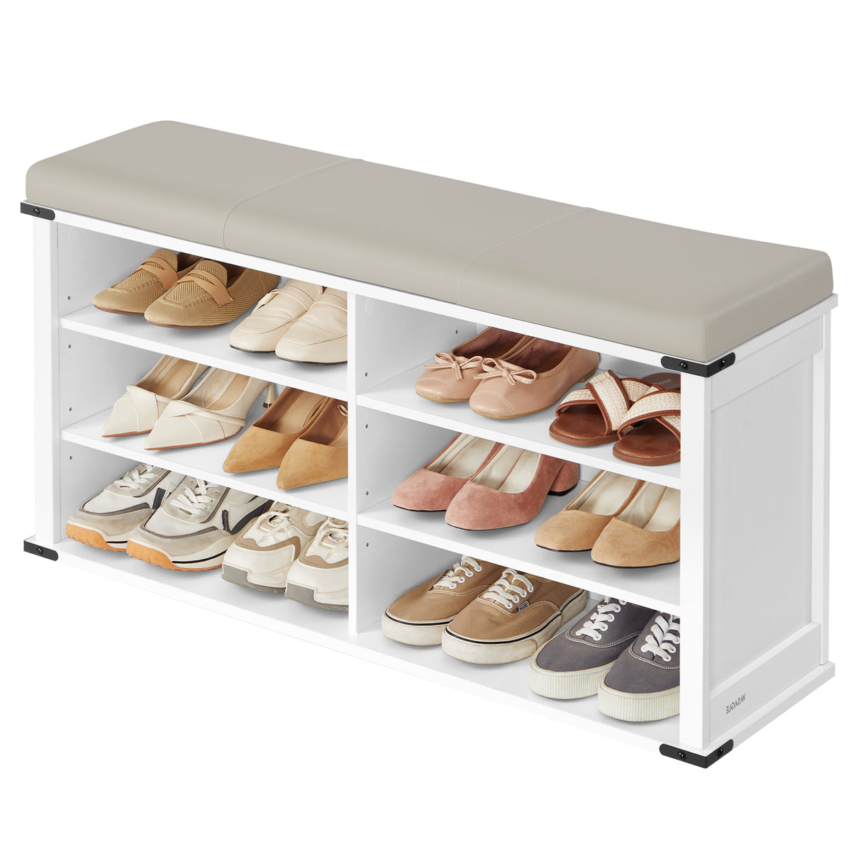 Shoe Storage Bench with Removable Cushion, Entryway Bench with Padded Seat, 6 Open Compartments, Adjustable Shelves, Cloud White