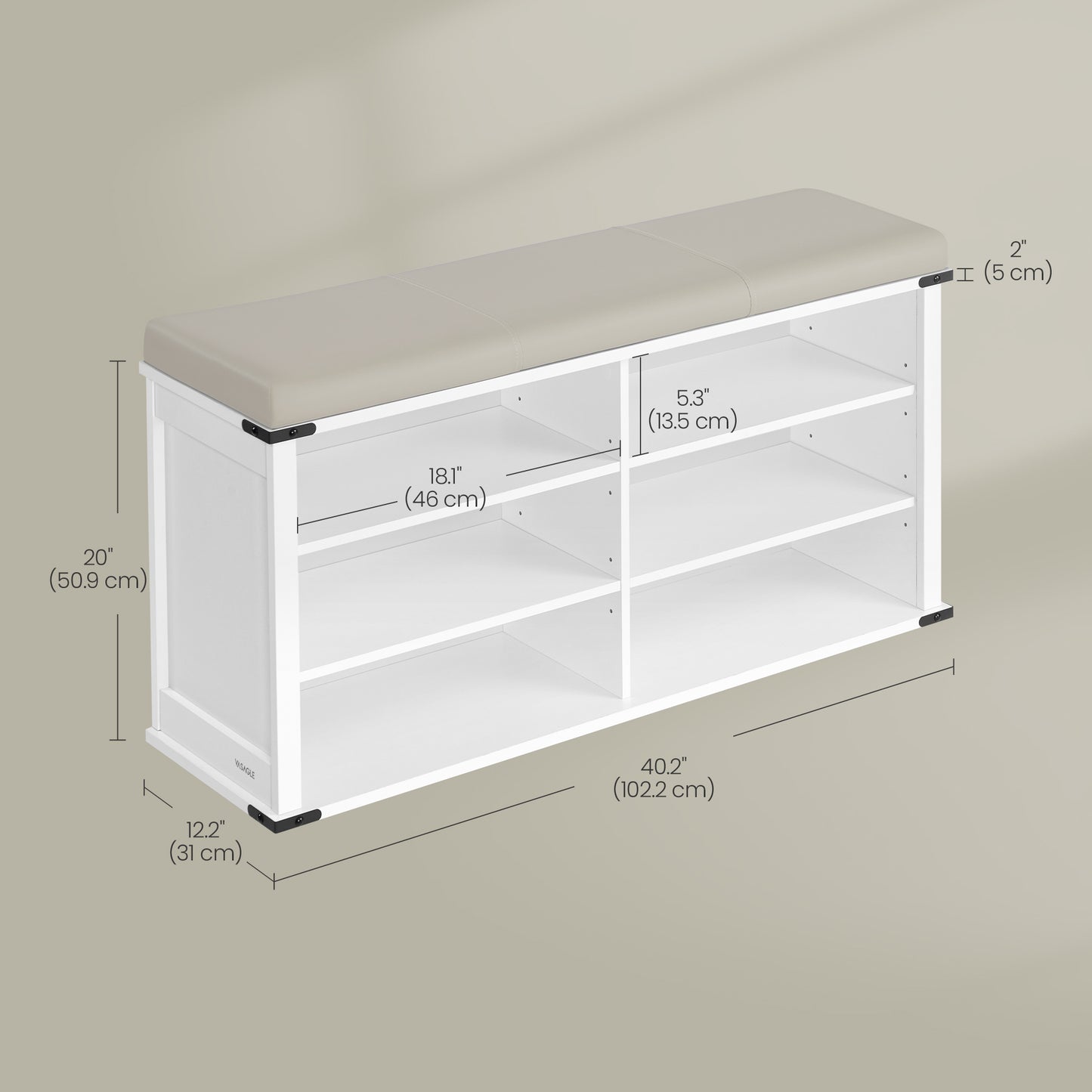 Shoe Storage Bench with Removable Cushion, Entryway Bench with Padded Seat, 6 Open Compartments, Adjustable Shelves, Cloud White