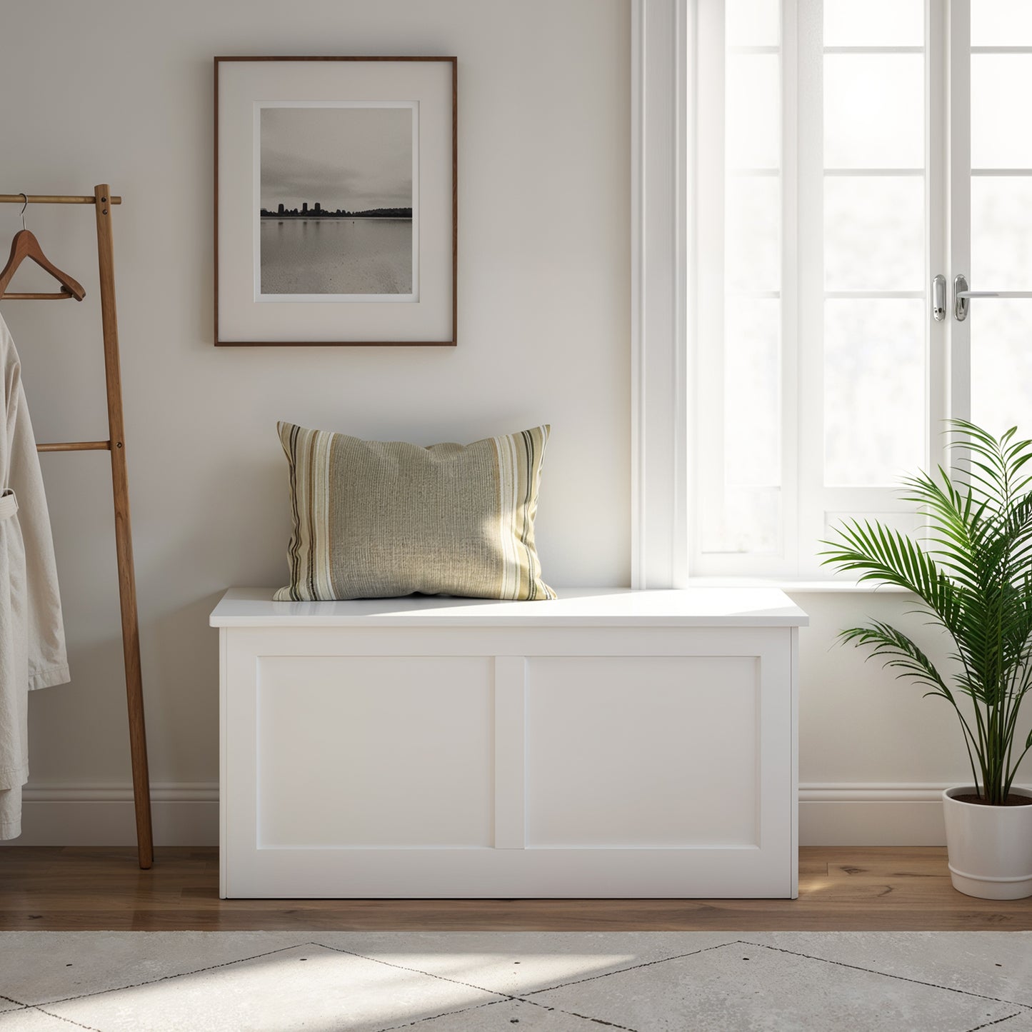 Large Farmhouse Storage Bench with Safety Lid Hinges, for Entryway, Bedroom & Living Room, 300 lb Weight Capacity, Cloud White