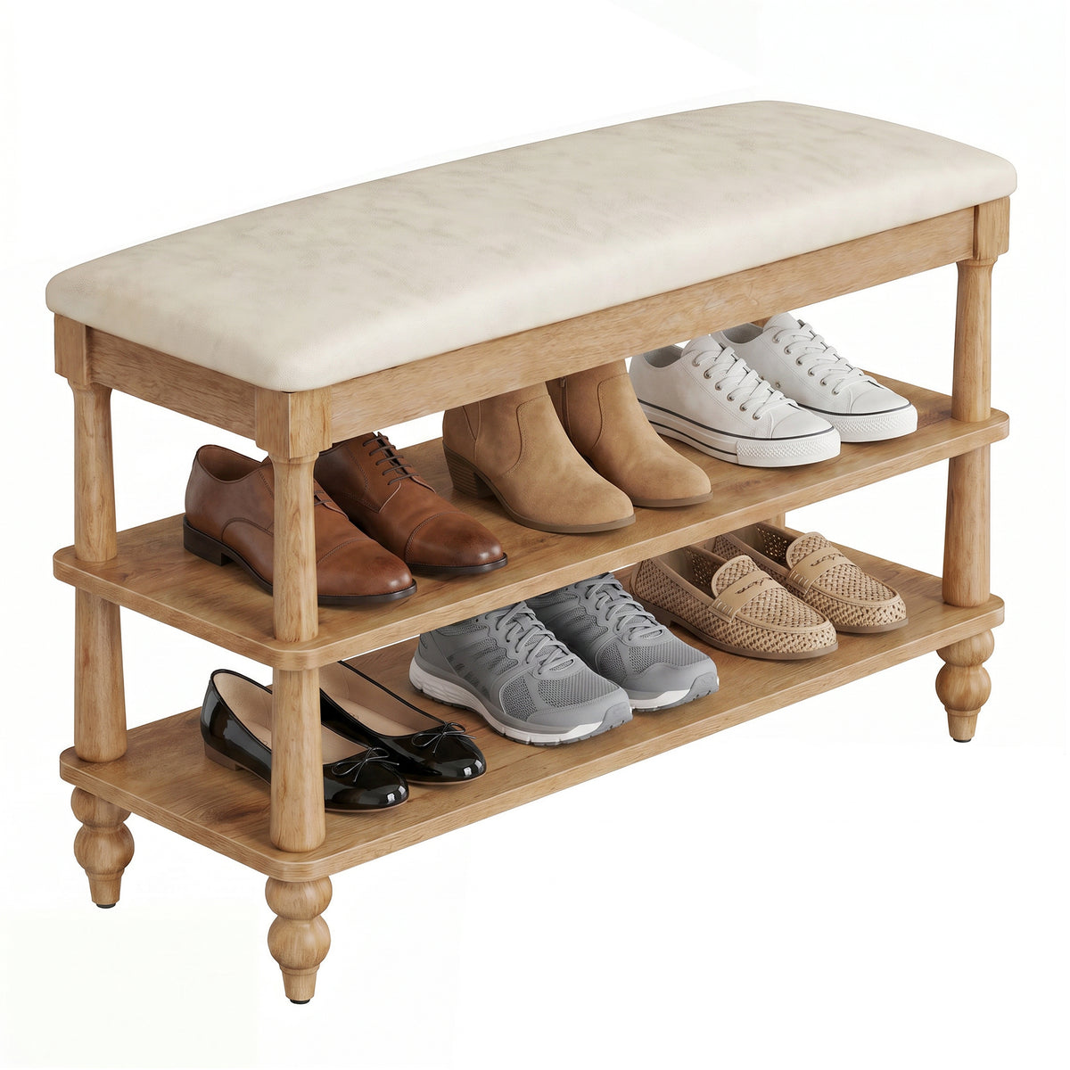 Entryway Shoe Bench with Padded Seat, 2-Tier Wooden Storage Rack, 31.5 x 11.6 x 19.7 inches, Brown