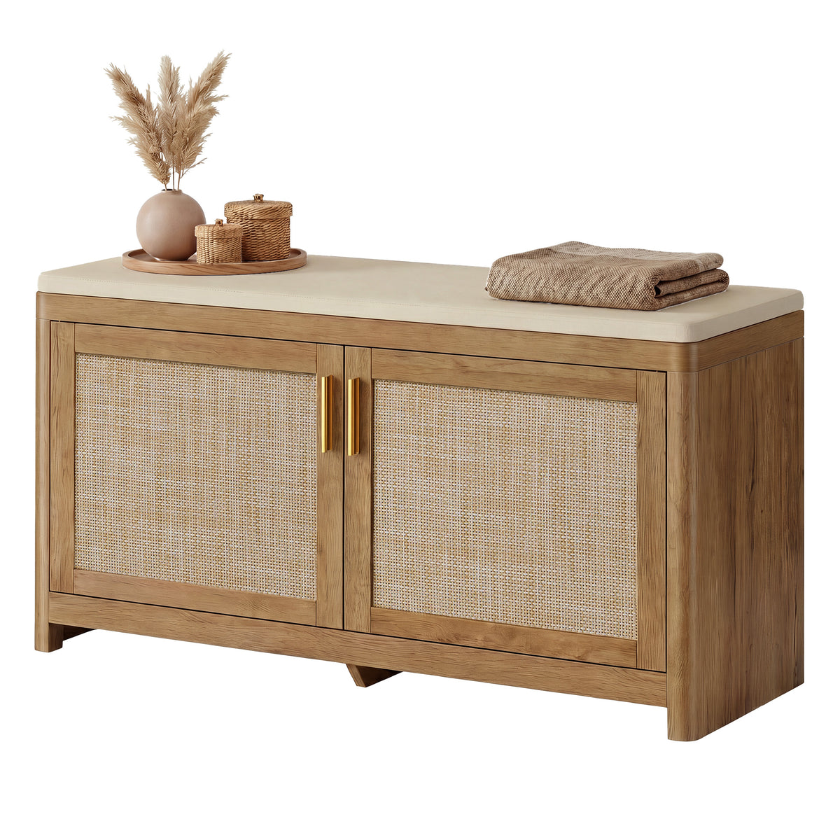 2-Door Boho Shoe Bench with Cushion, Rattan-Look Entryway Storage Seat, Single Adjustable Shelf, Rounded Corners, for Bedroom, Natural Brown