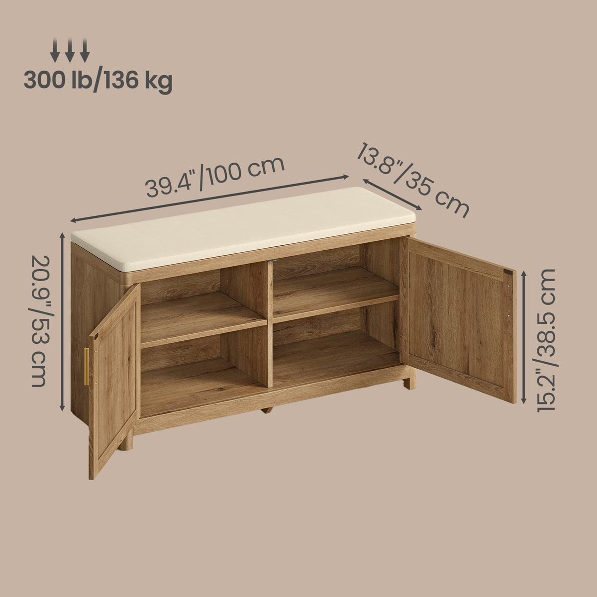 2-Door Boho Shoe Bench with Cushion, Rattan-Look Entryway Storage Seat, Single Adjustable Shelf, Rounded Corners, for Bedroom, Natural Brown