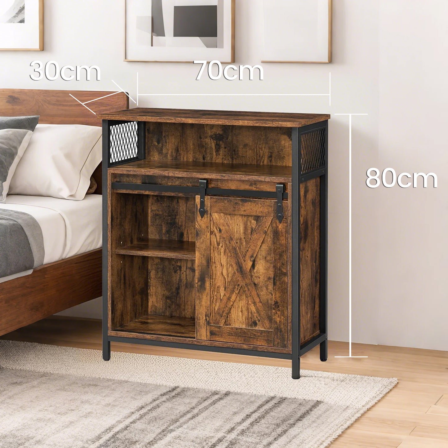 Industrial Buffet Cabinet - Sliding Barn Door Storage with Adjustable Shelves, Steel Frame, 27.6" Wide, Rustic Brown and Ink Black